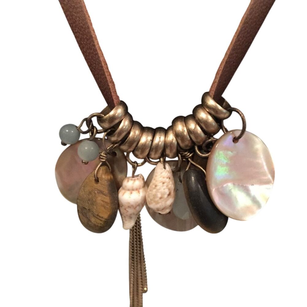 Vintage Kenneth Cole Boho River Rock Seashell Brown Leather Cord Necklace